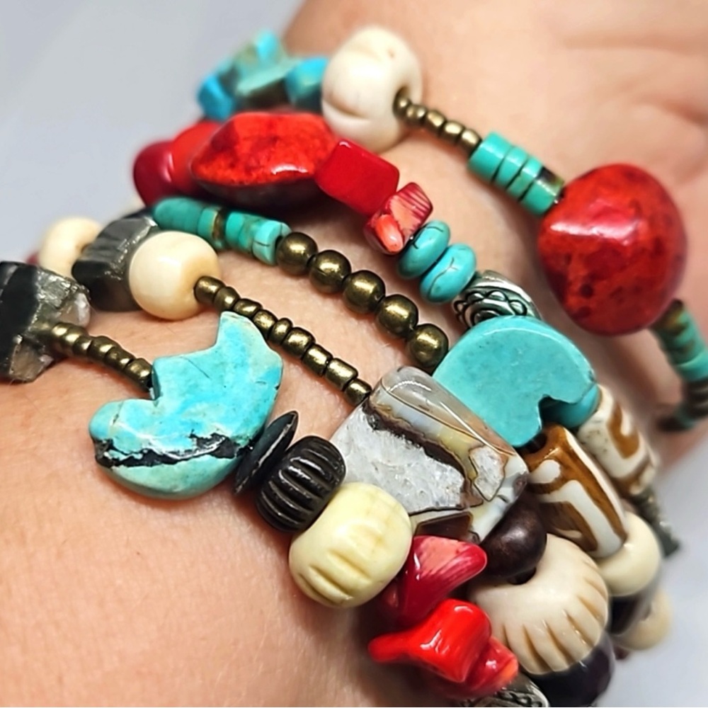 Aztec Inspired Handmade Multicolor Beaded Natural Stone Memory Wire Bracelet 157